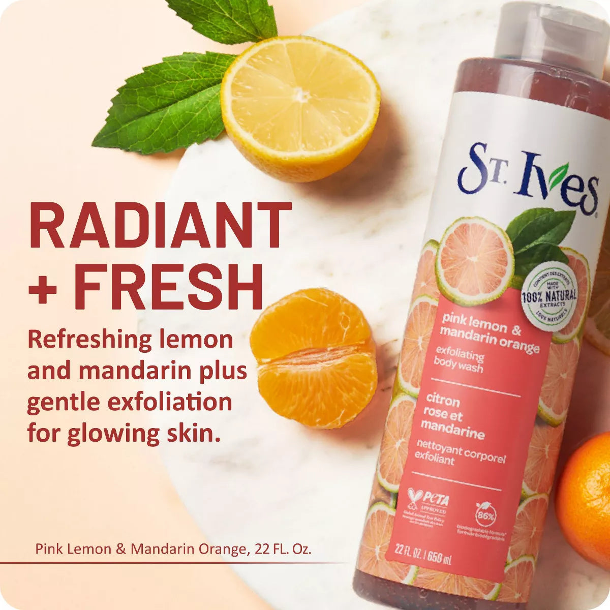 St. Ives Pink Lemon & Mandarin Orange Plant-Based Body Wash Soap - 22 Fl Oz: Exfoliating, Paraben-Free, for Normal & Oily Skin, Hydrating