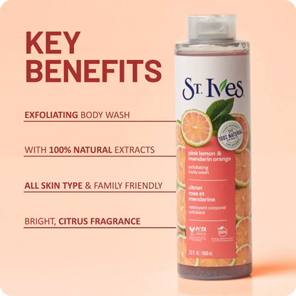 St. Ives Pink Lemon & Mandarin Orange Plant-Based Body Wash Soap - 22 Fl Oz: Exfoliating, Paraben-Free, for Normal & Oily Skin, Hydrating