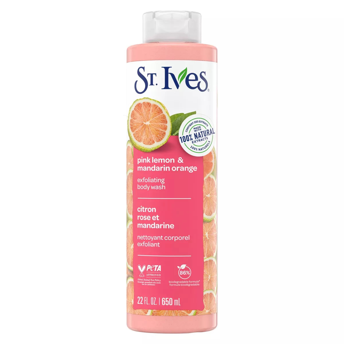 St. Ives Pink Lemon & Mandarin Orange Plant-Based Body Wash Soap - 22 Fl Oz: Exfoliating, Paraben-Free, for Normal & Oily Skin, Hydrating