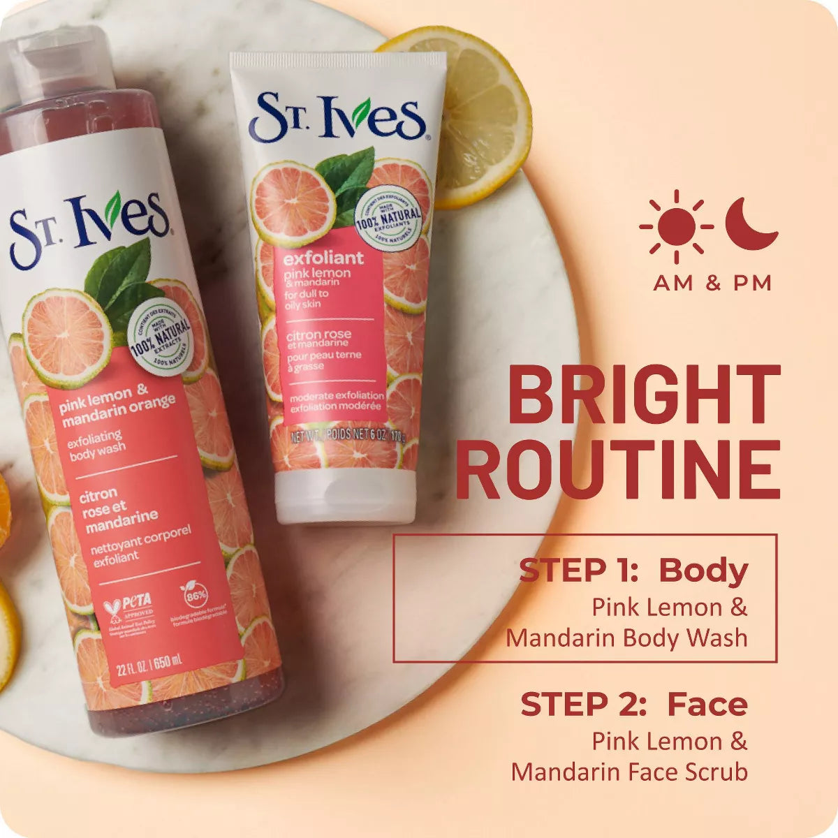 St. Ives Pink Lemon & Mandarin Orange Plant-Based Body Wash Soap - 22 Fl Oz: Exfoliating, Paraben-Free, for Normal & Oily Skin, Hydrating