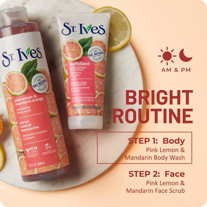 St. Ives Pink Lemon & Mandarin Orange Plant-Based Body Wash Soap - 22 Fl Oz: Exfoliating, Paraben-Free, for Normal & Oily Skin, Hydrating