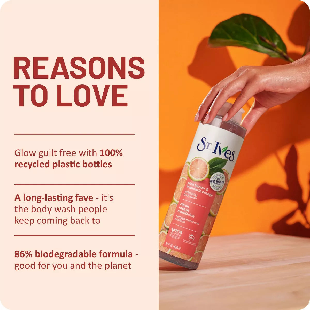 St. Ives Pink Lemon & Mandarin Orange Plant-Based Body Wash Soap - 22 Fl Oz: Exfoliating, Paraben-Free, for Normal & Oily Skin, Hydrating