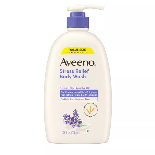 Aveeno Stress Relief Body Wash with Lavender & Chamomile, 33Oz: Paraben-Free, Sulfate-Free, Pump Bottle, Sensitive Skin