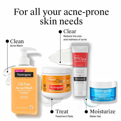 Neutrogena Rapid Clear Acne Treatment Pads with Salicylic Acid Facial Cleanser for Face Cleansing and Oil Removal, Helps Fight Pimples, 60 Count, Resealable Jar